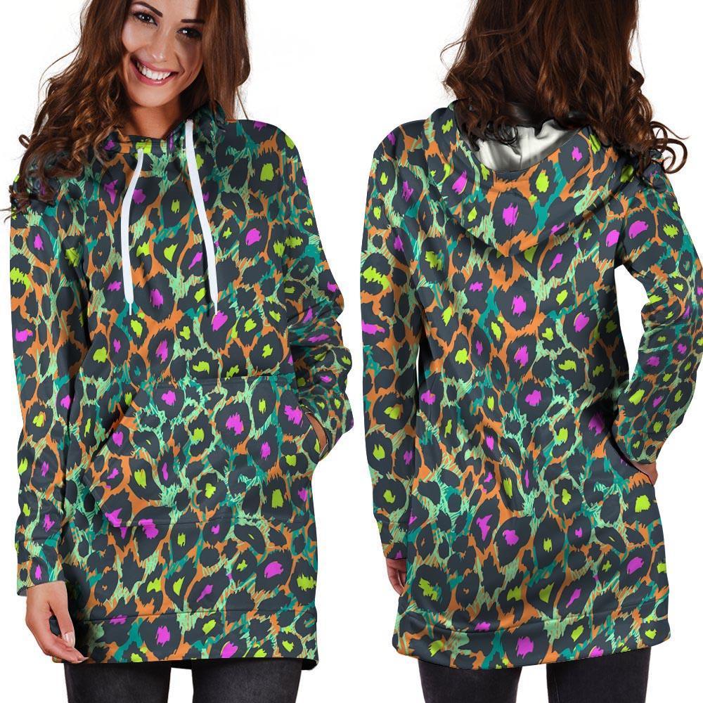 Colorful Neon Leopard Hoodie Dress-grizzshop