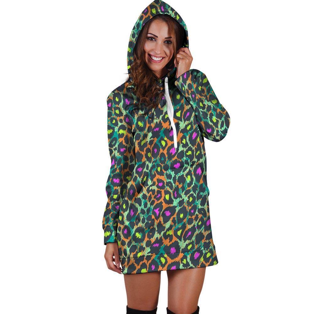 Colorful Neon Leopard Hoodie Dress-grizzshop