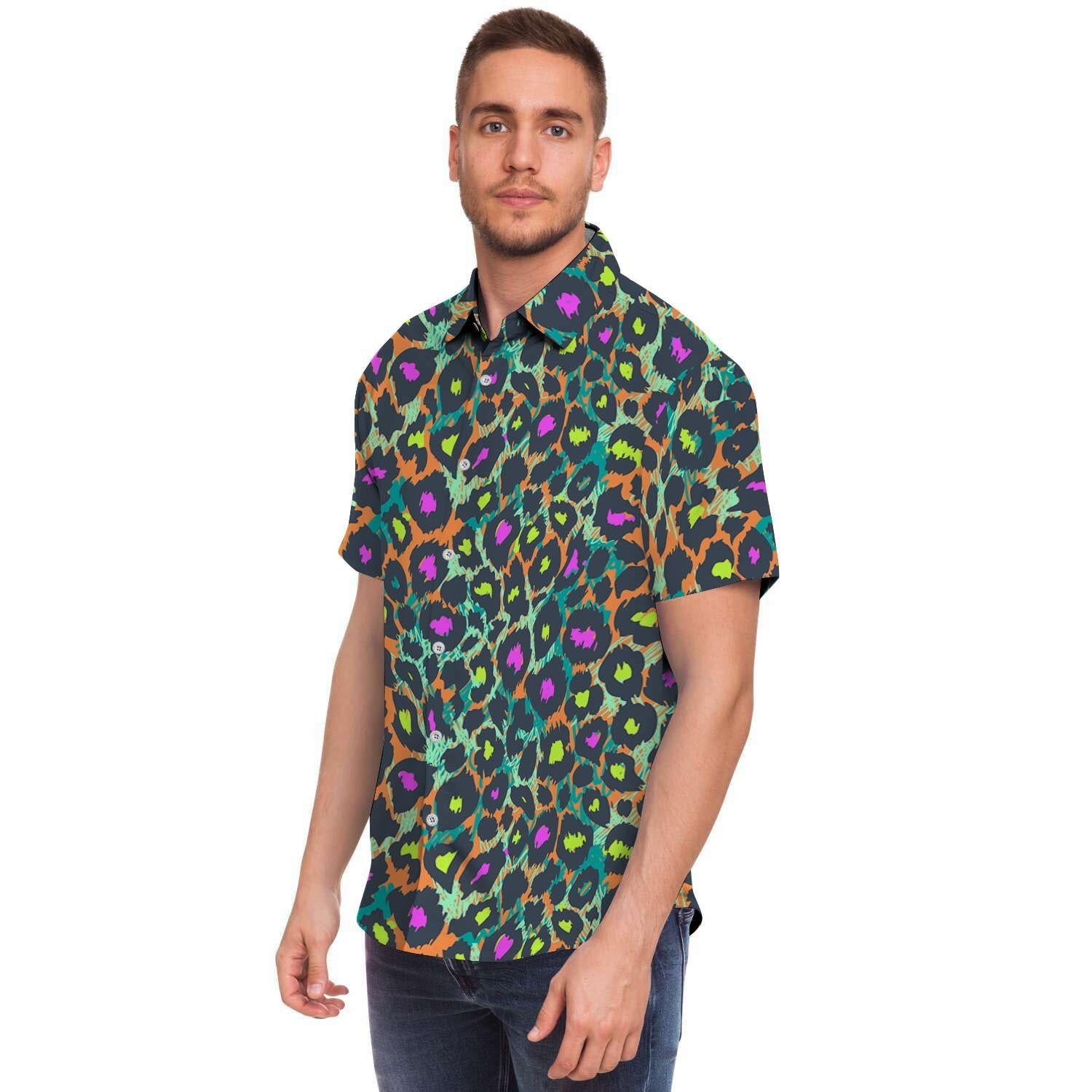 Colorful Neon Leopard Men's Short Sleeve Shirt-grizzshop