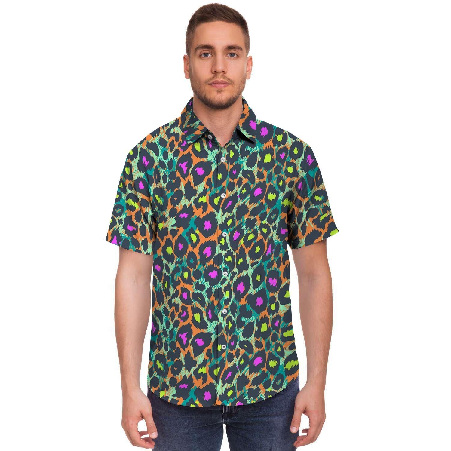 Colorful Neon Leopard Men's Short Sleeve Shirt-grizzshop