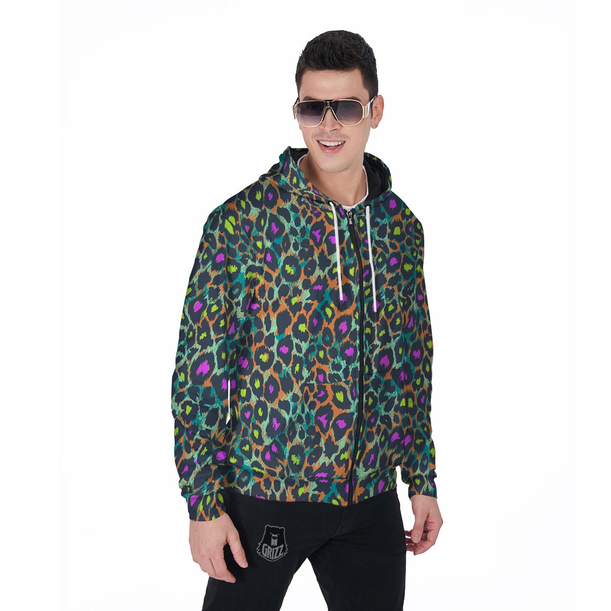 Colorful Neon Leopard Men's Zip Up Hoodie-grizzshop