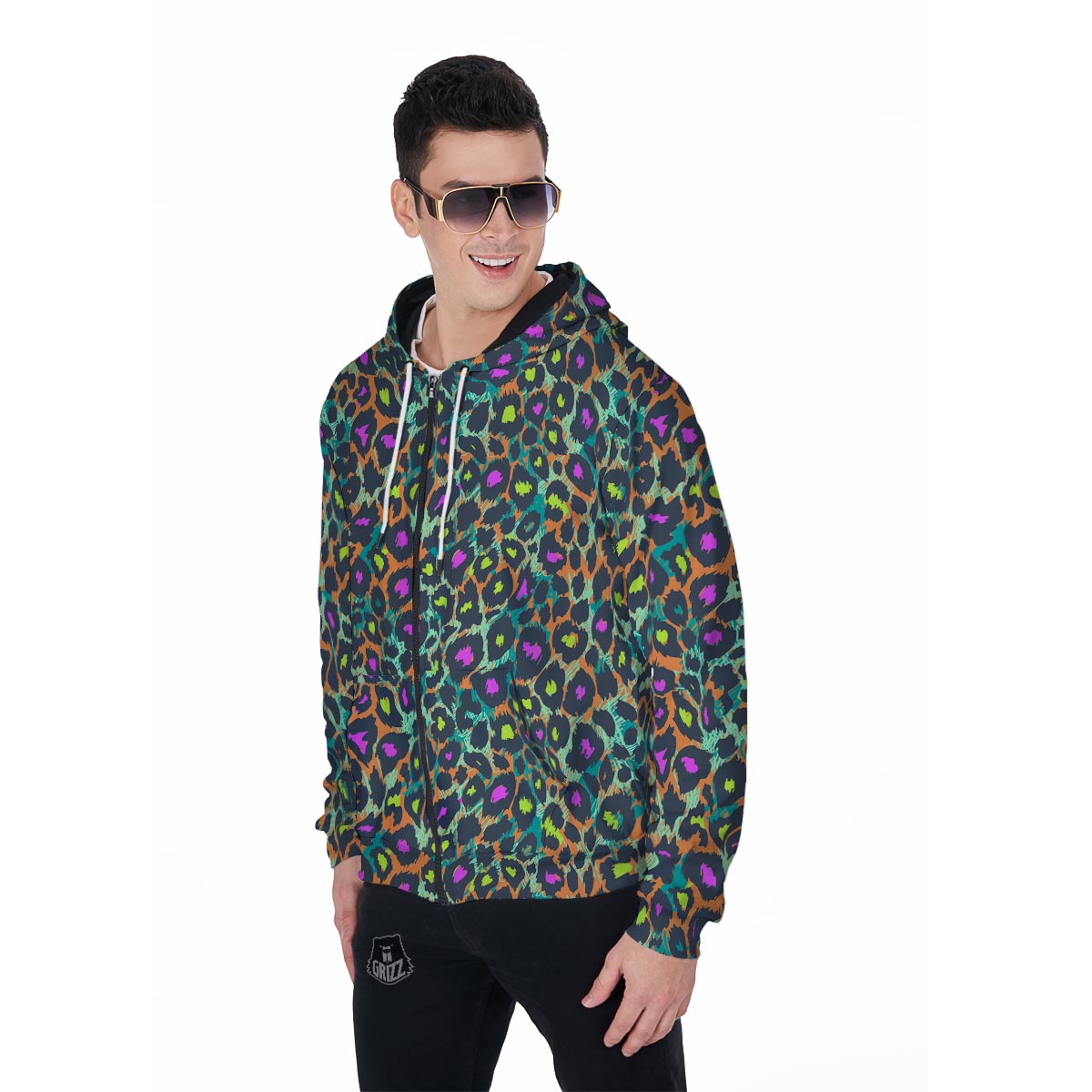 Colorful Neon Leopard Men's Zip Up Hoodie-grizzshop