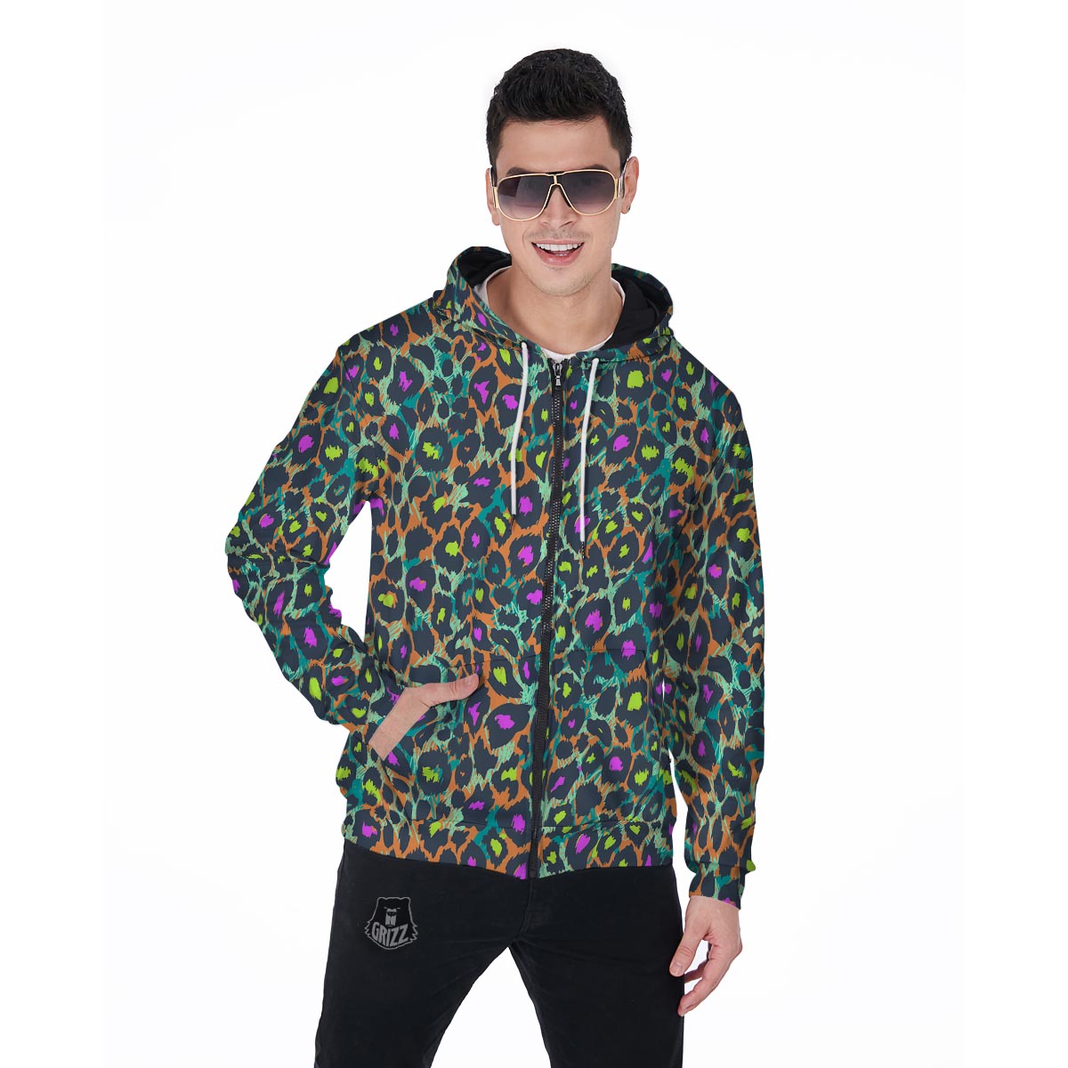 Colorful Neon Leopard Men's Zip Up Hoodie-grizzshop