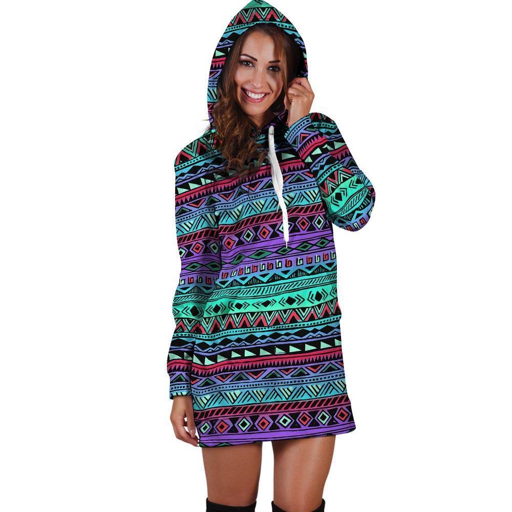 Colorful Neon Tribal Aztec Hand Drawn Hoodie Dress-grizzshop