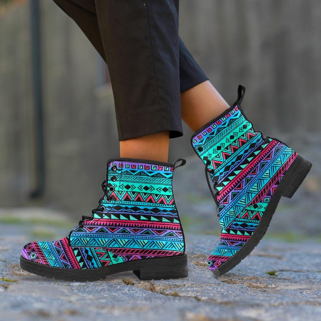 Colorful Neon Tribal Aztec Hand Drawn Men's Boots-grizzshop