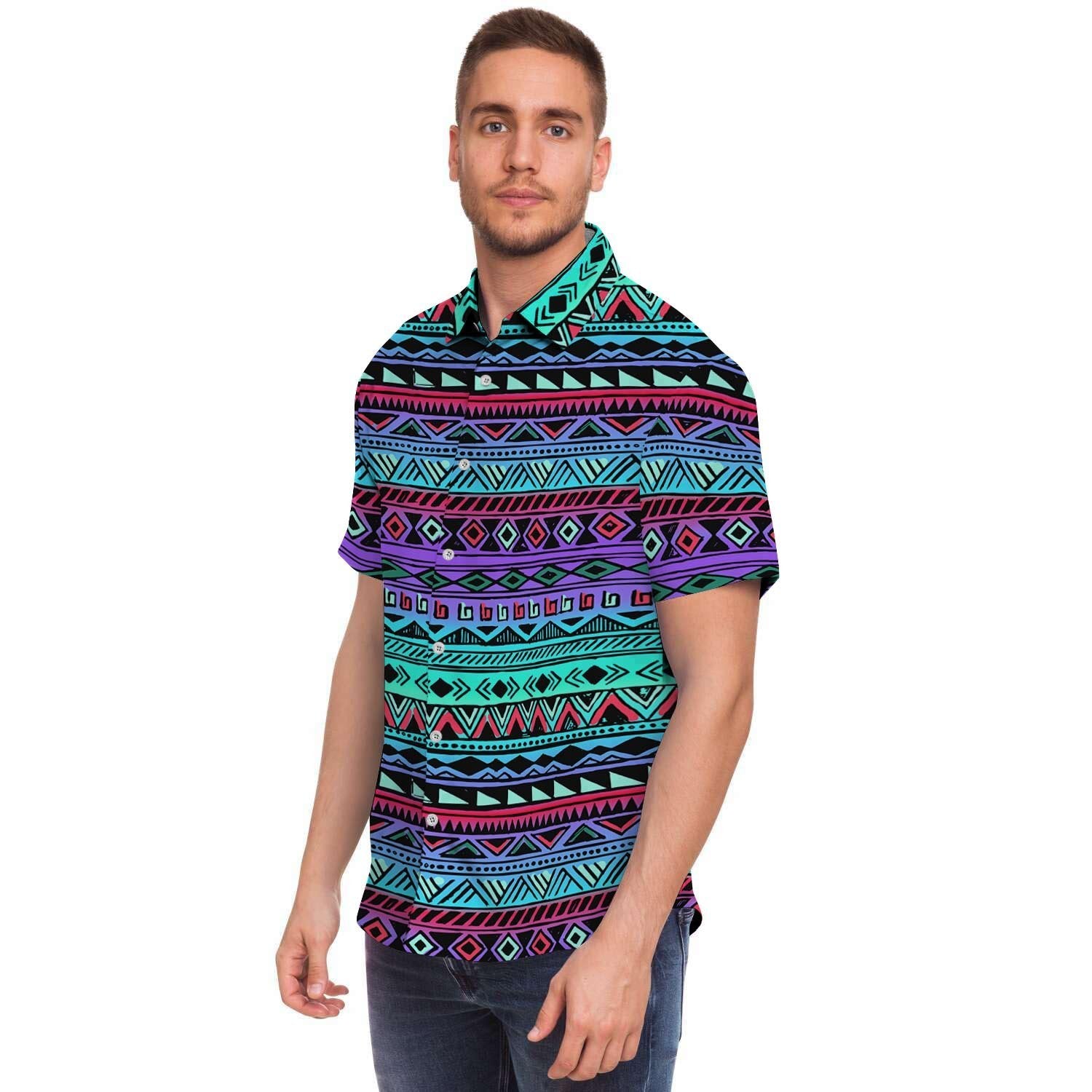 Colorful Neon Tribal Aztec Hand Drawn Men's Short Sleeve Shirt-grizzshop