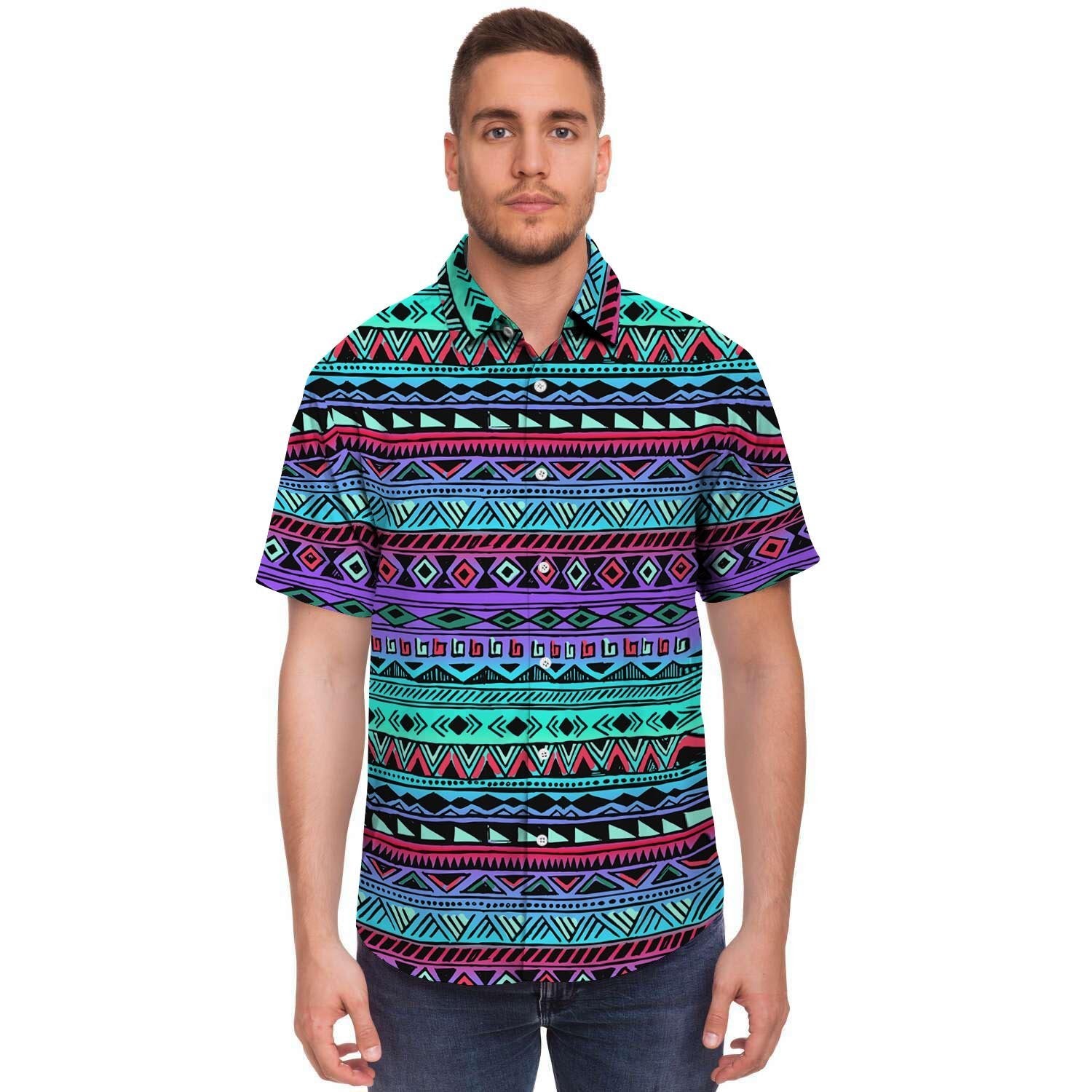 Colorful Neon Tribal Aztec Hand Drawn Men's Short Sleeve Shirt-grizzshop