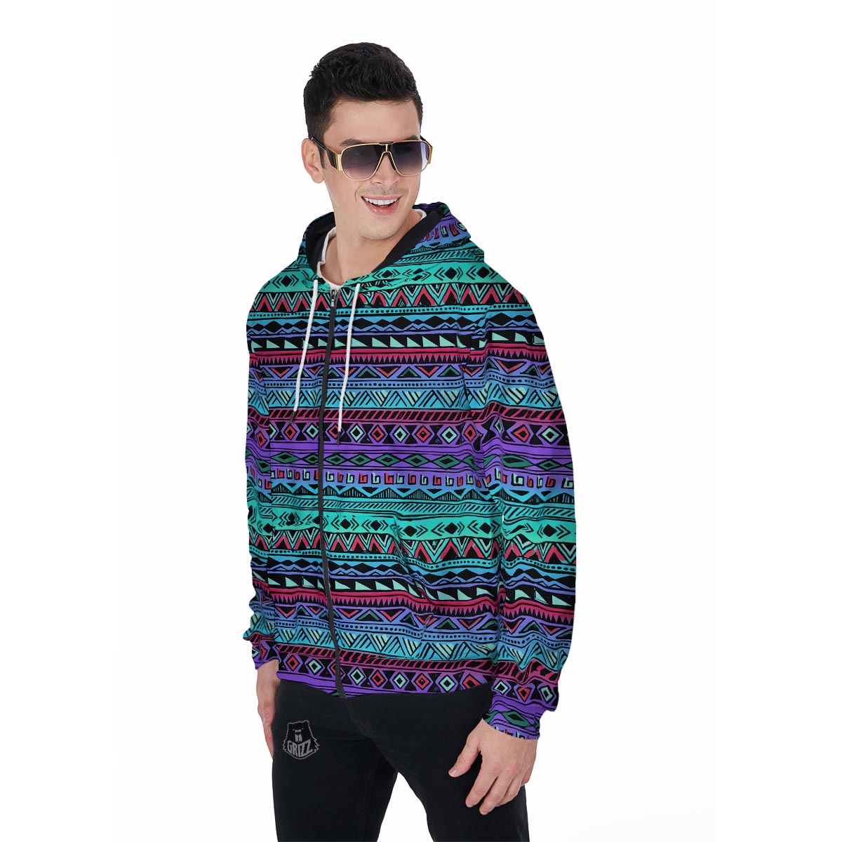Colorful Neon Tribal Aztec Hand Drawn Men's Zip Up Hoodie-grizzshop