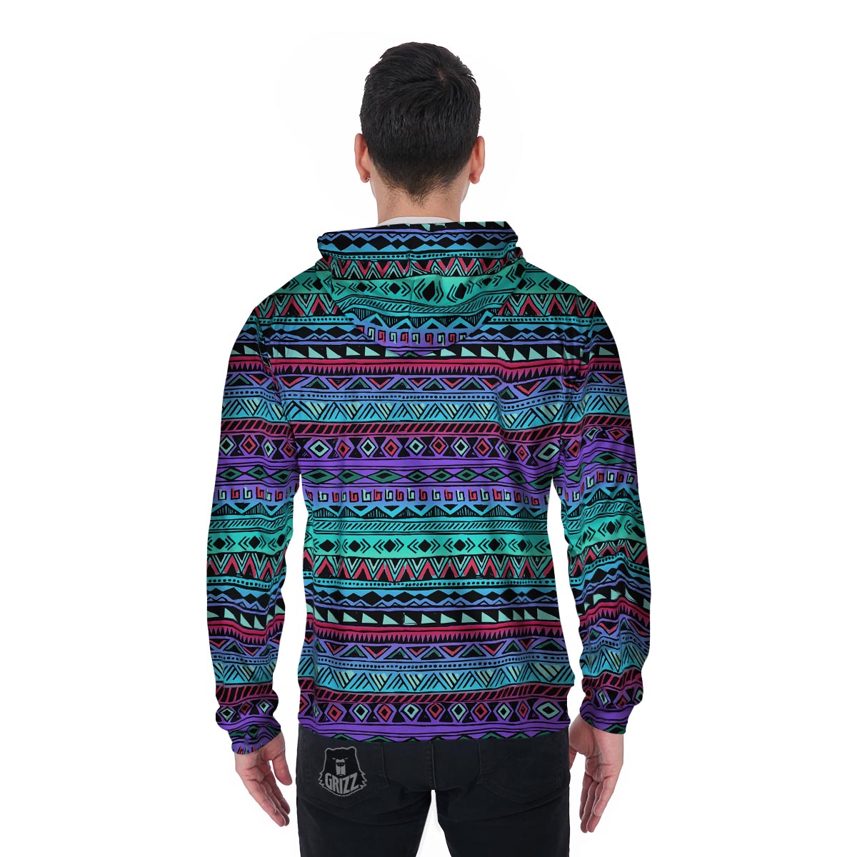Colorful Neon Tribal Aztec Hand Drawn Men's Zip Up Hoodie-grizzshop