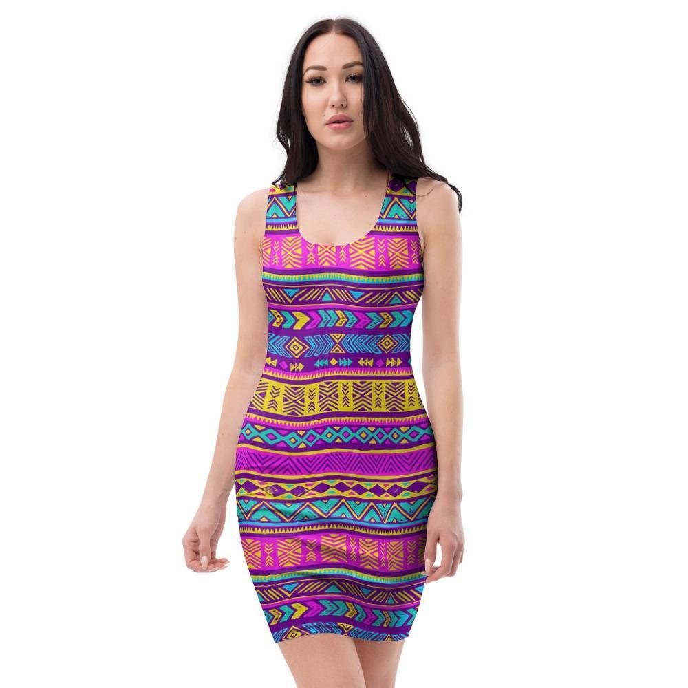 Colorful Neon Tribal Navajo Aztec Print Bodycon Dress-grizzshop