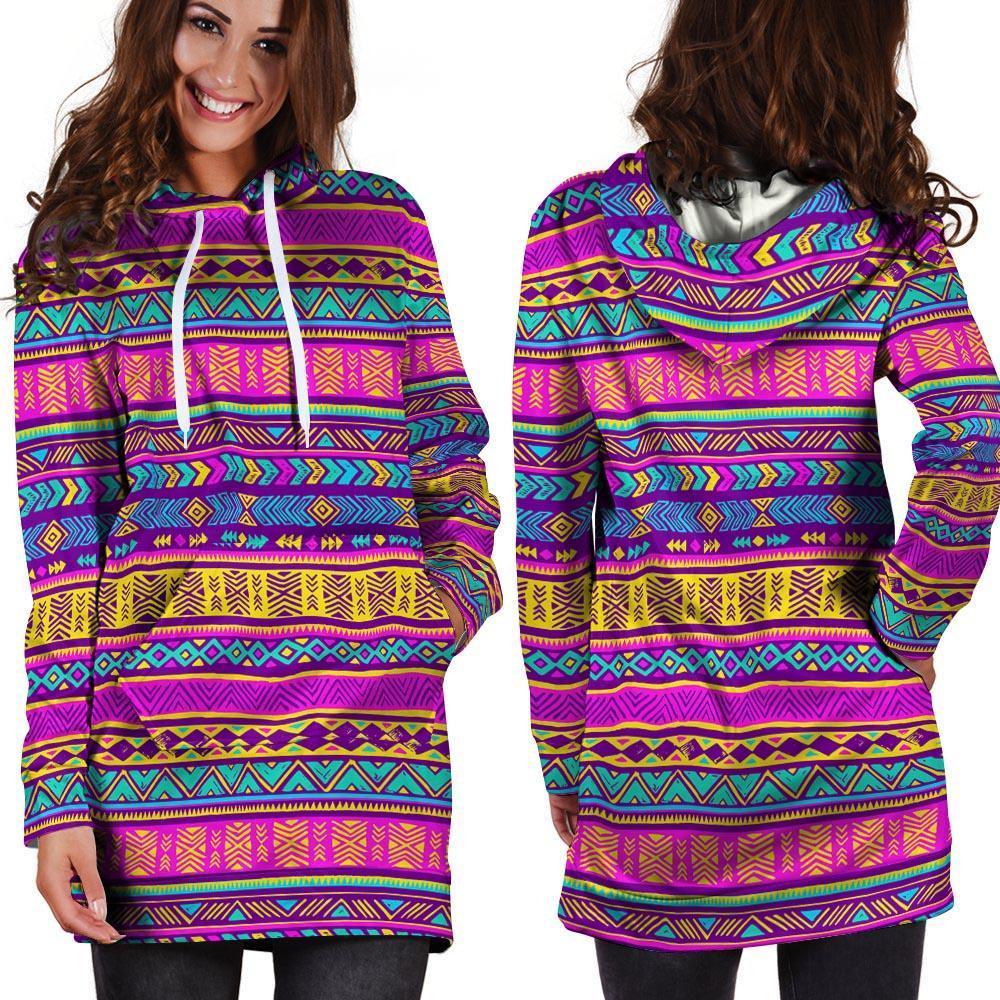 Colorful Neon Tribal Navajo Aztec Print Hoodie Dress-grizzshop