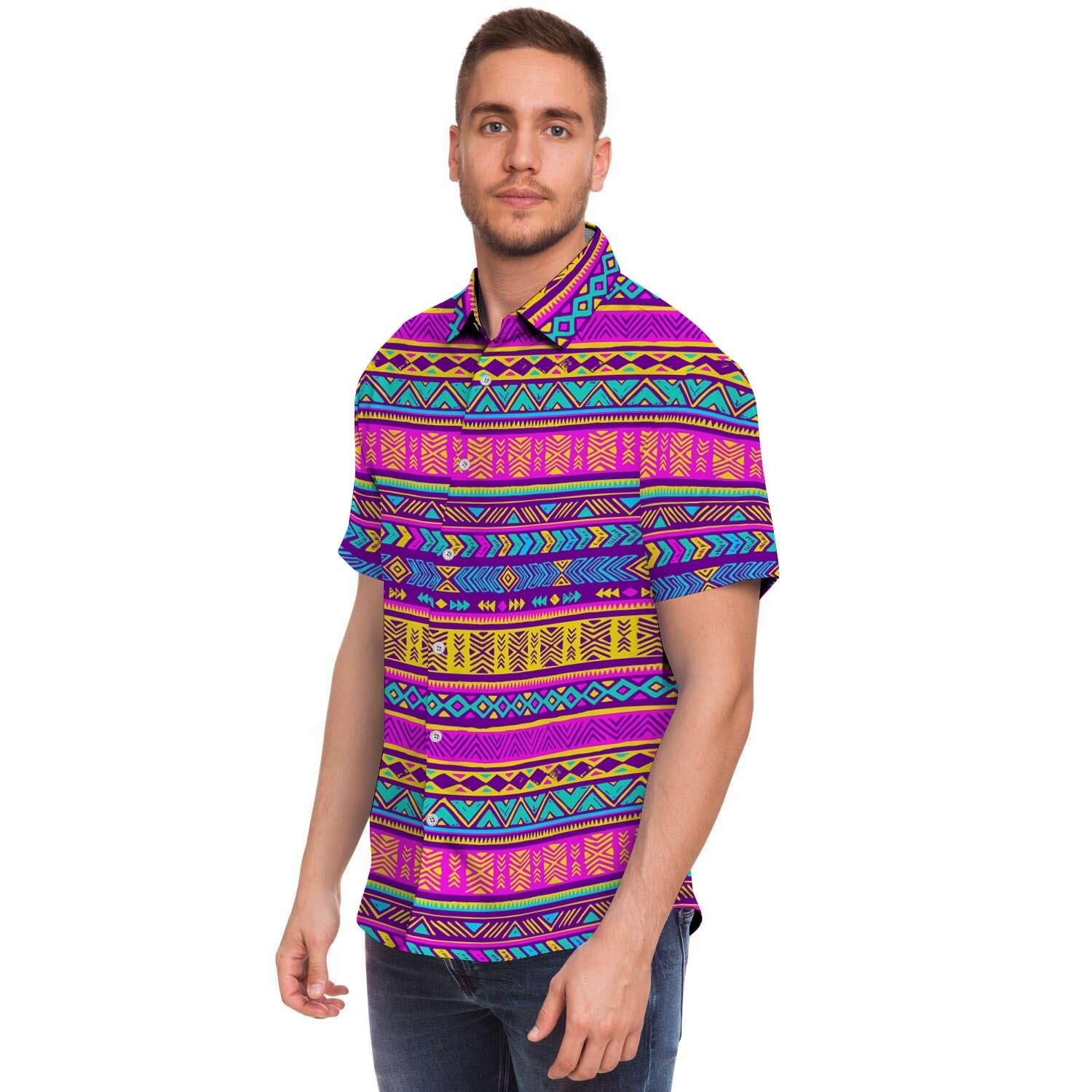 Colorful Neon Tribal Navajo Aztec Print Men's Short Sleeve Shirt-grizzshop