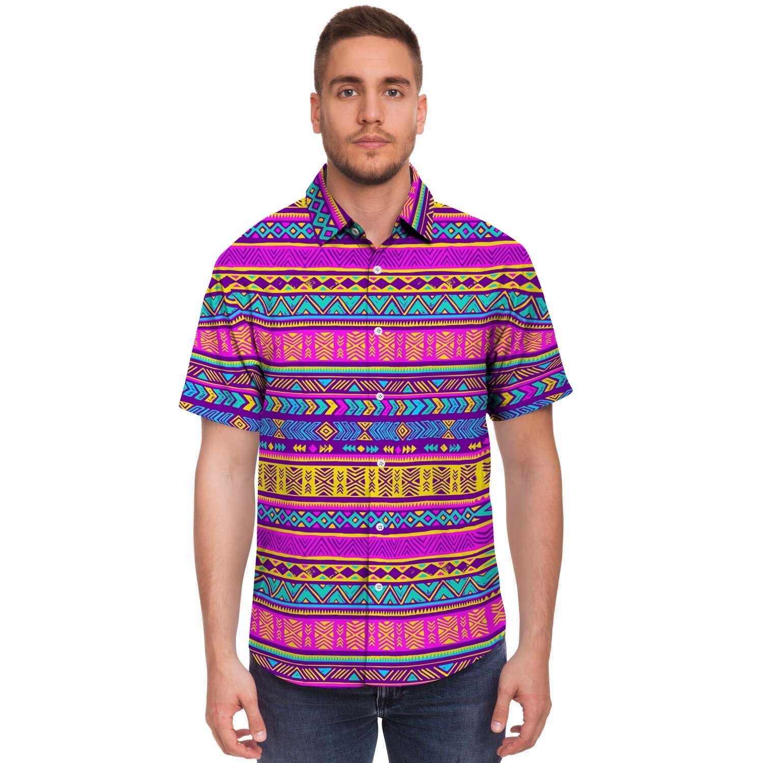 Colorful Neon Tribal Navajo Aztec Print Men's Short Sleeve Shirt-grizzshop