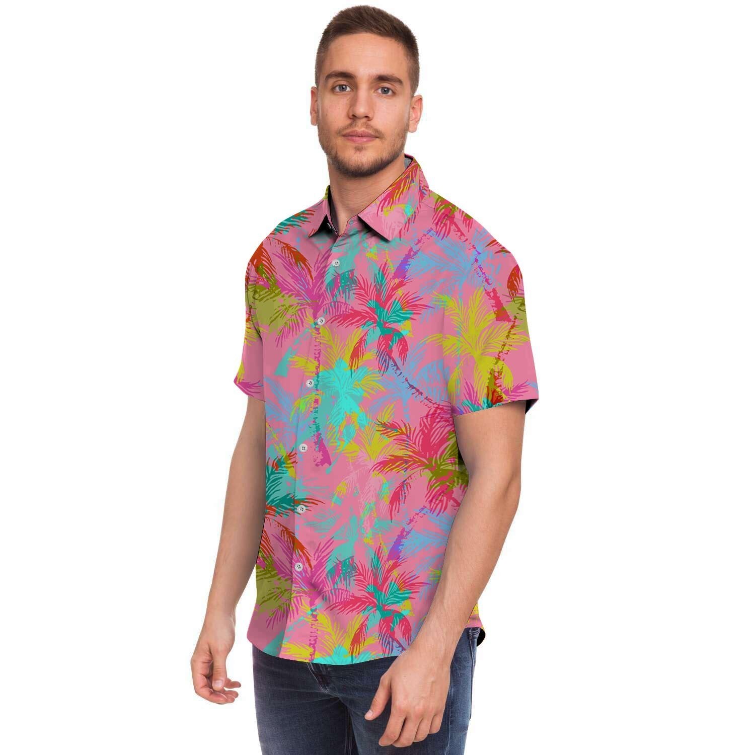 Colorful Palm Tree Hawaiian Print Men's Short Sleeve Shirt-grizzshop