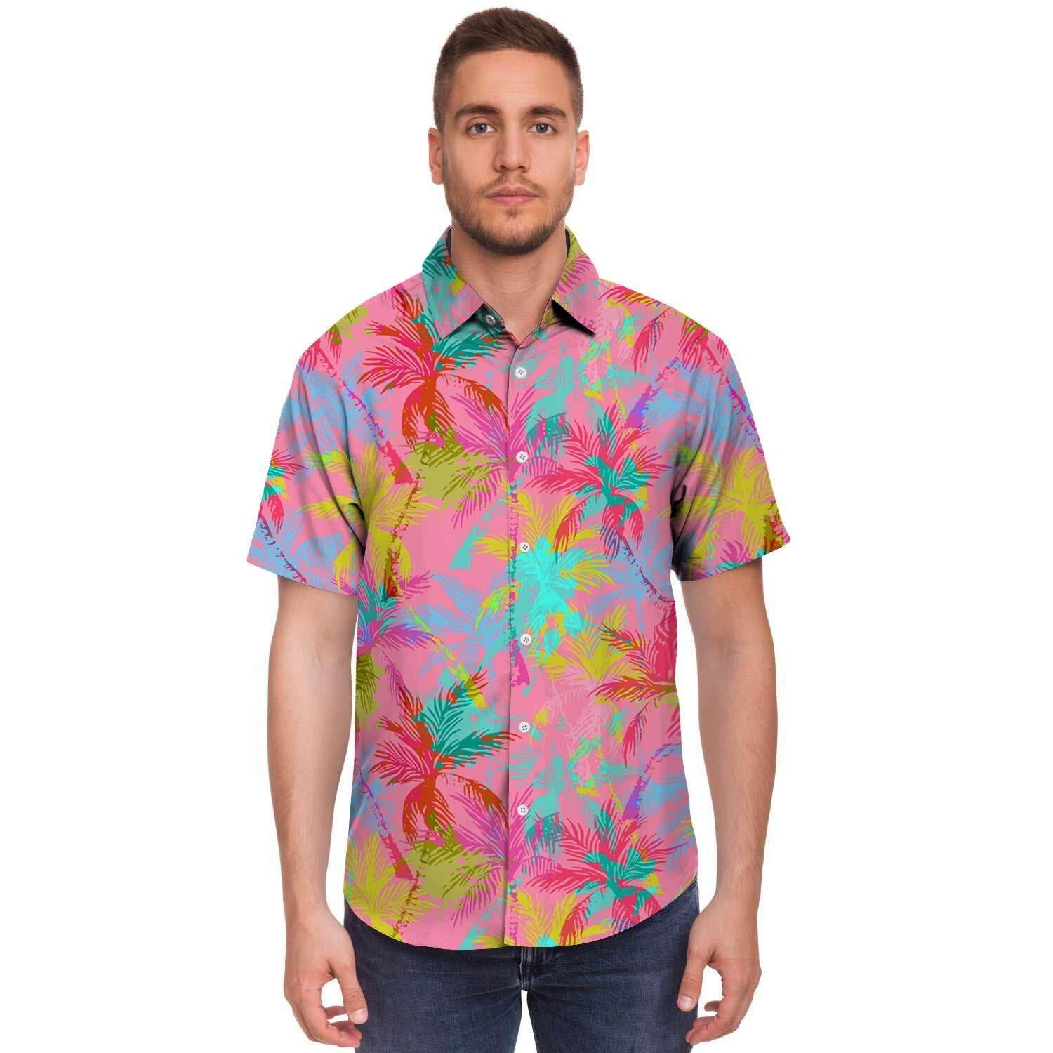 Colorful Palm Tree Hawaiian Print Men's Short Sleeve Shirt-grizzshop