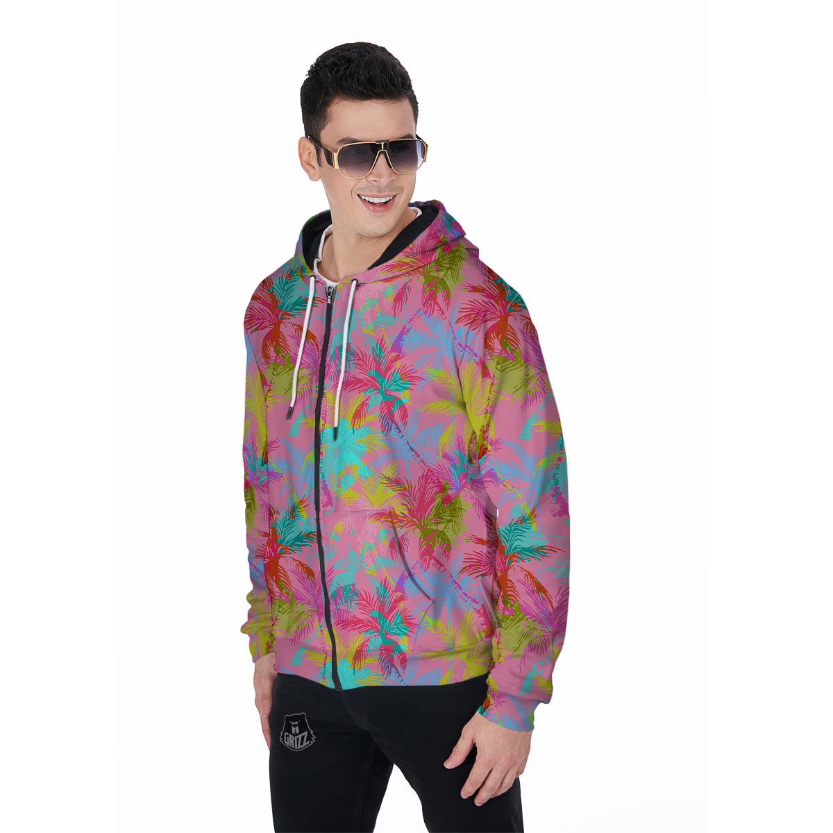 Colorful Palm Tree Hawaiian Print Men's Zip Up Hoodie-grizzshop