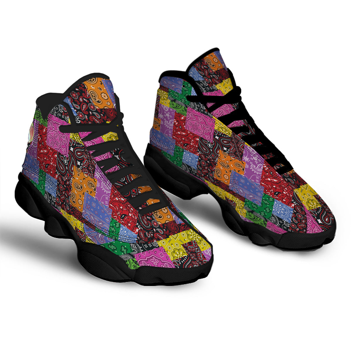Colorful Patchwork Bandanna Print Pattern Black Basketball Shoes-grizzshop