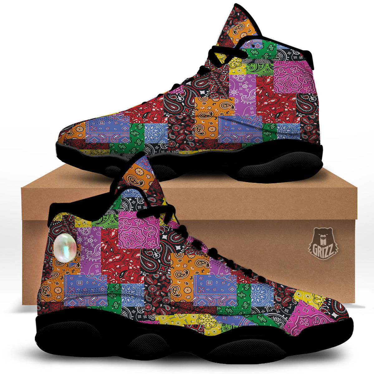 Colorful Patchwork Bandanna Print Pattern Black Basketball Shoes-grizzshop