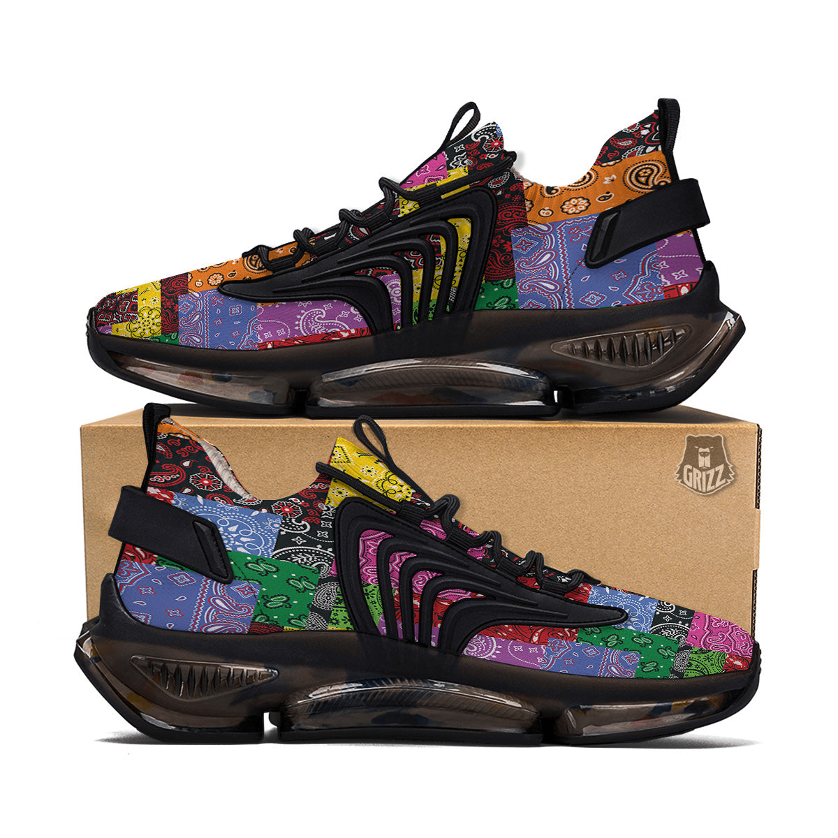 Colorful Patchwork Bandanna Print Pattern Black Gym Shoes-grizzshop