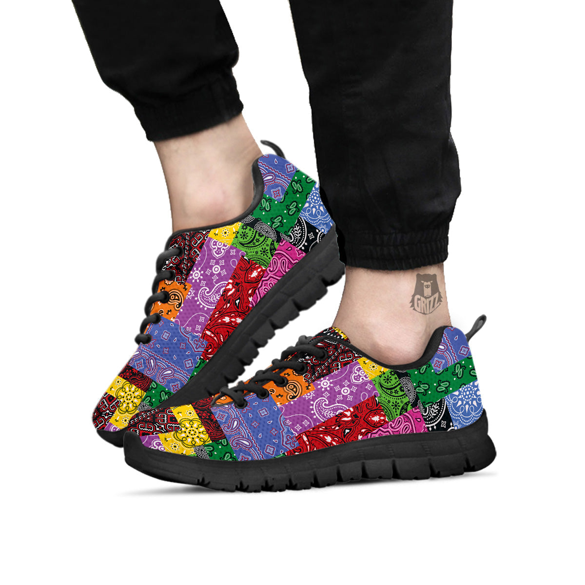 Colorful Patchwork Bandanna Print Pattern Black Sneaker-grizzshop