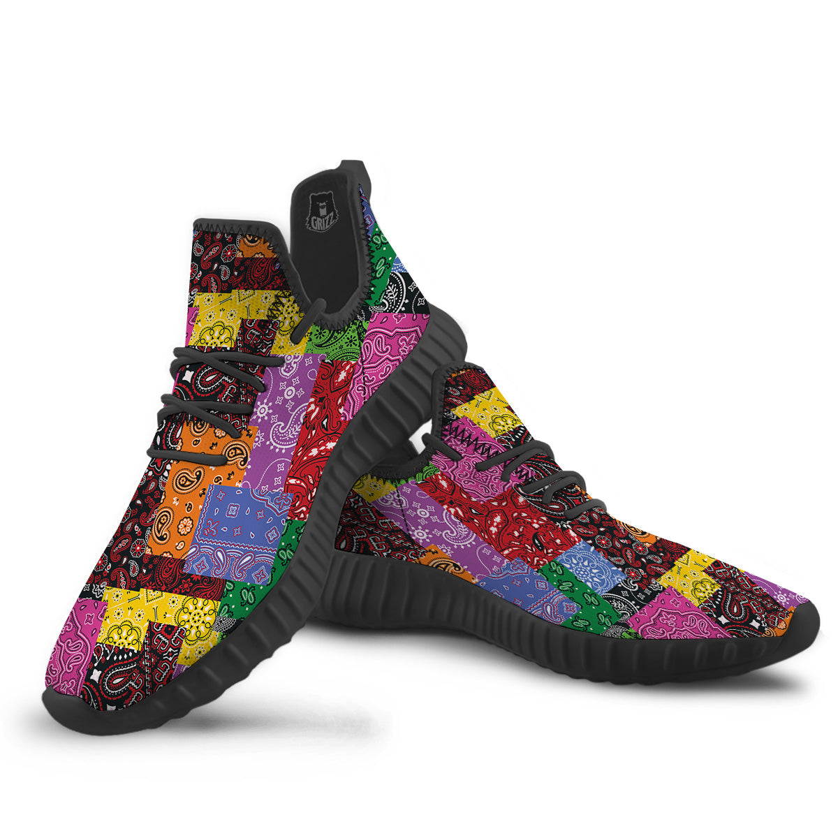 Colorful Patchwork Bandanna Print Pattern Black Walking Shoes-grizzshop