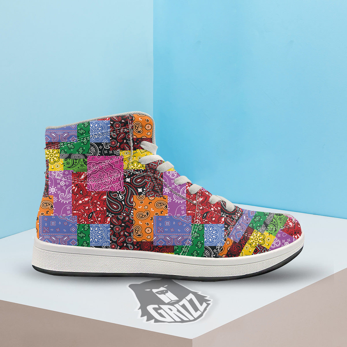 Colorful Patchwork Bandanna Print Pattern High Top Sneakers-grizzshop