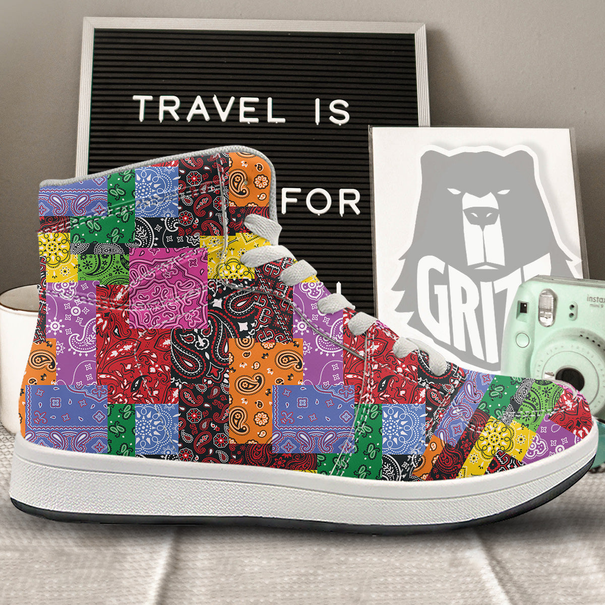 Colorful Patchwork Bandanna Print Pattern High Top Sneakers-grizzshop