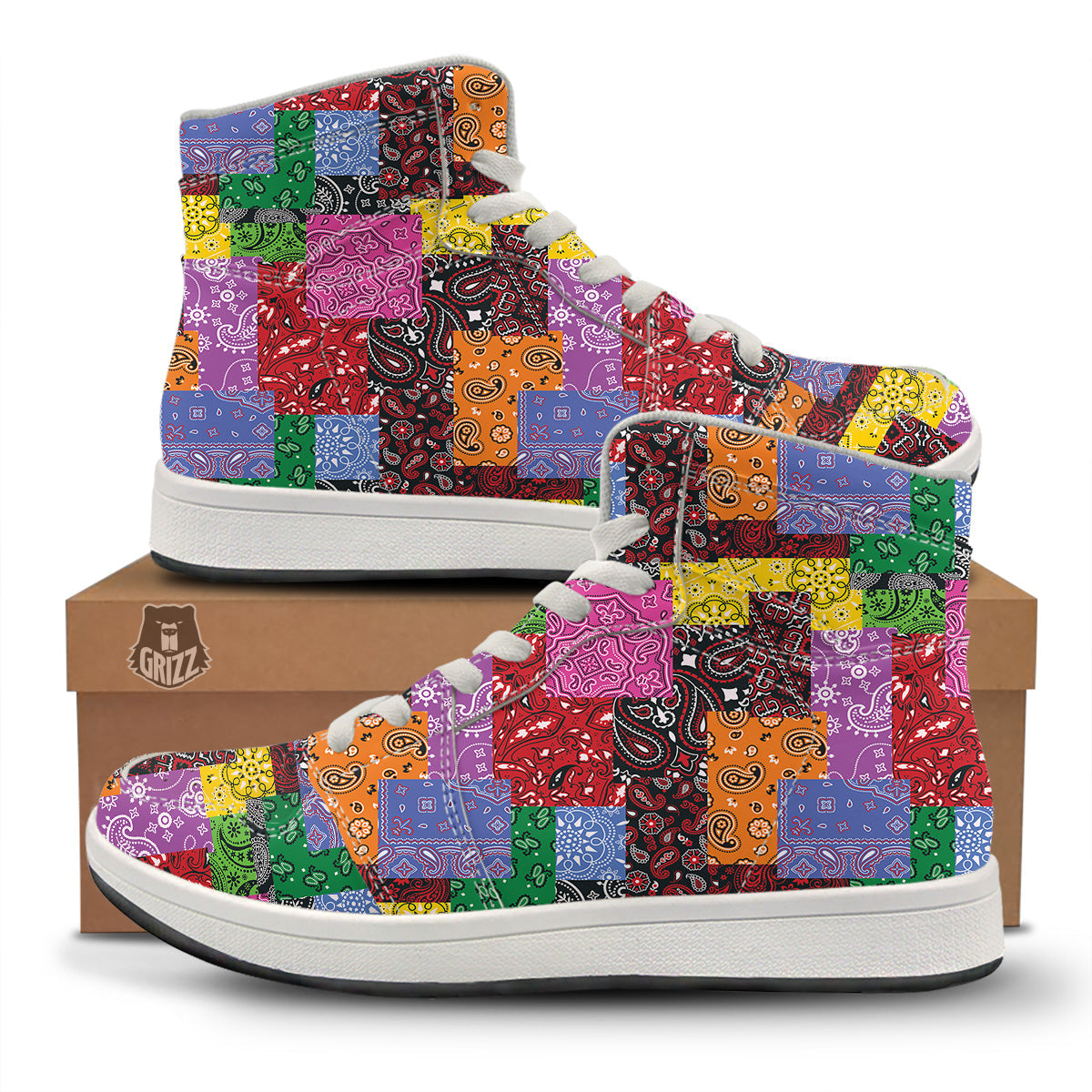 Colorful Patchwork Bandanna Print Pattern High Top Sneakers-grizzshop