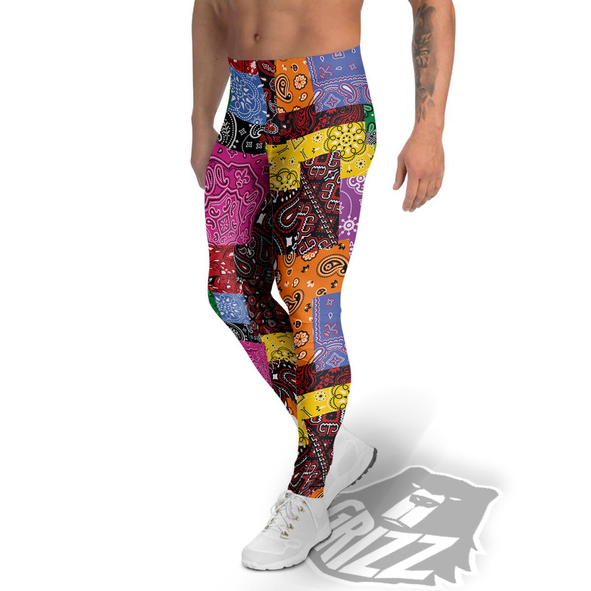 Colorful Patchwork Bandanna Print Pattern Men's Leggings-grizzshop
