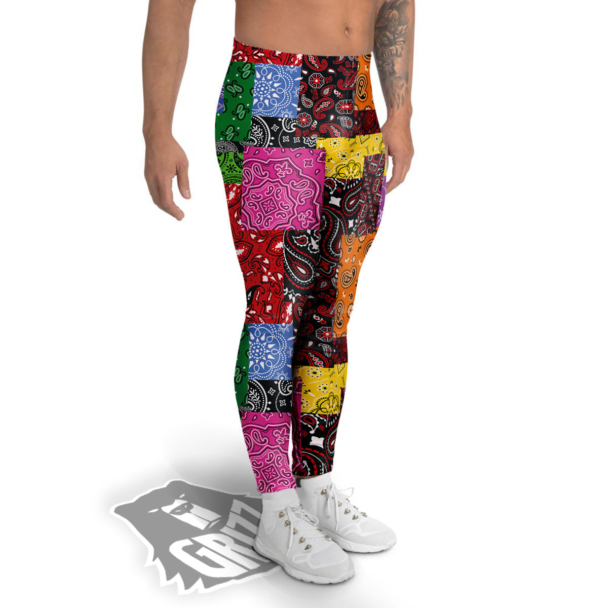 Colorful Patchwork Bandanna Print Pattern Men's Leggings-grizzshop