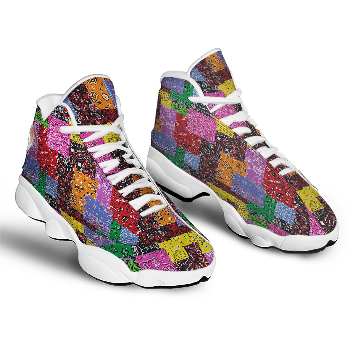 Colorful Patchwork Bandanna Print Pattern White Basketball Shoes-grizzshop