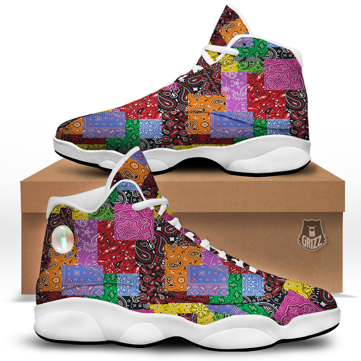 Colorful Patchwork Bandanna Print Pattern White Basketball Shoes-grizzshop