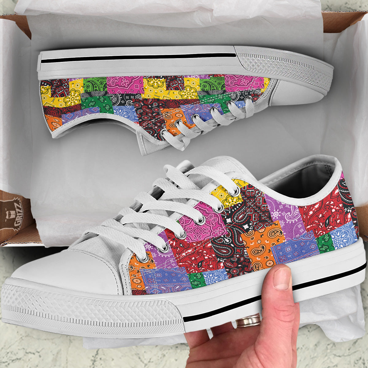 Colorful Patchwork Bandanna Print Pattern White Low Top Shoes-grizzshop