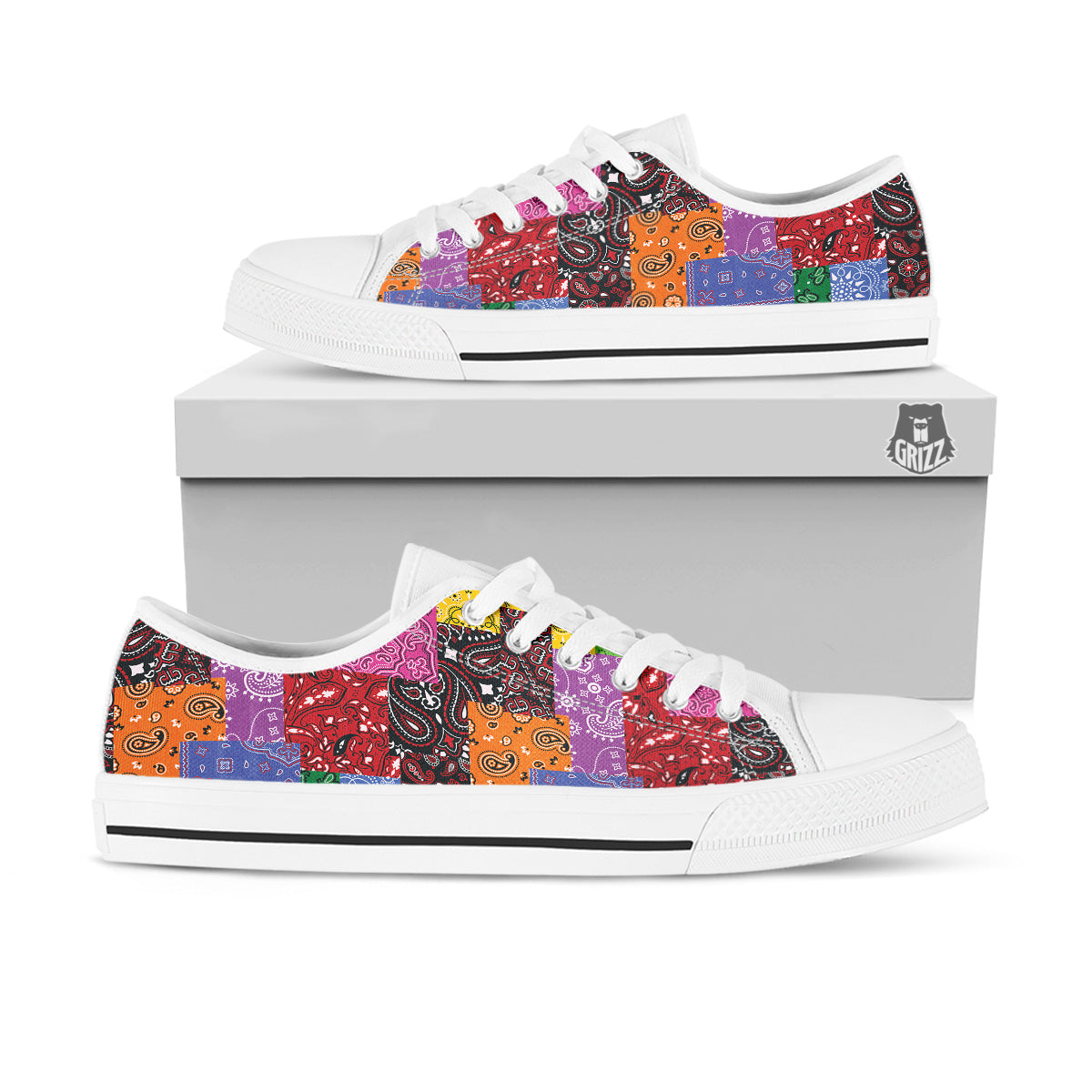 Colorful Patchwork Bandanna Print Pattern White Low Top Shoes-grizzshop