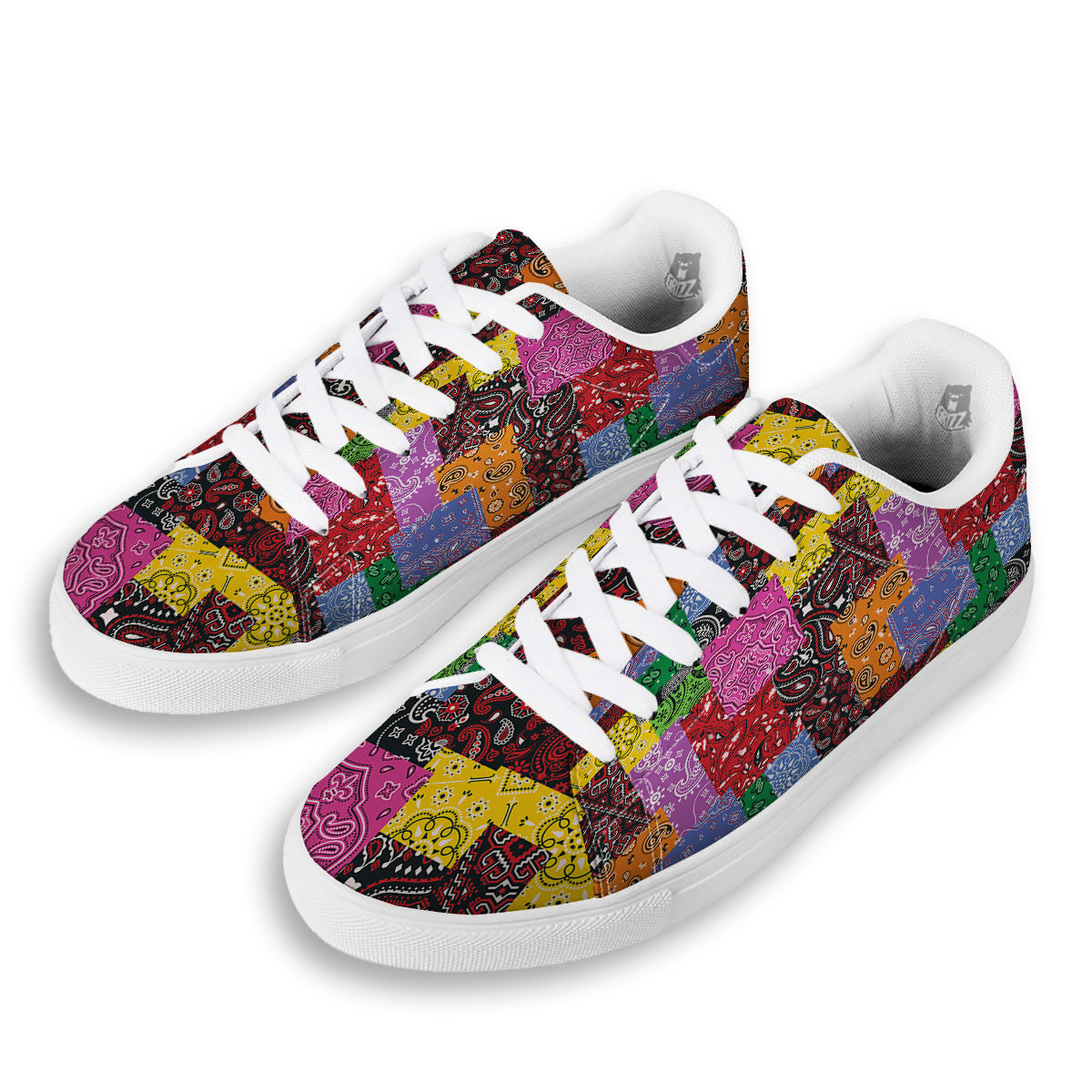 Colorful Patchwork Bandanna Print Pattern White Low Top Sneakers-grizzshop