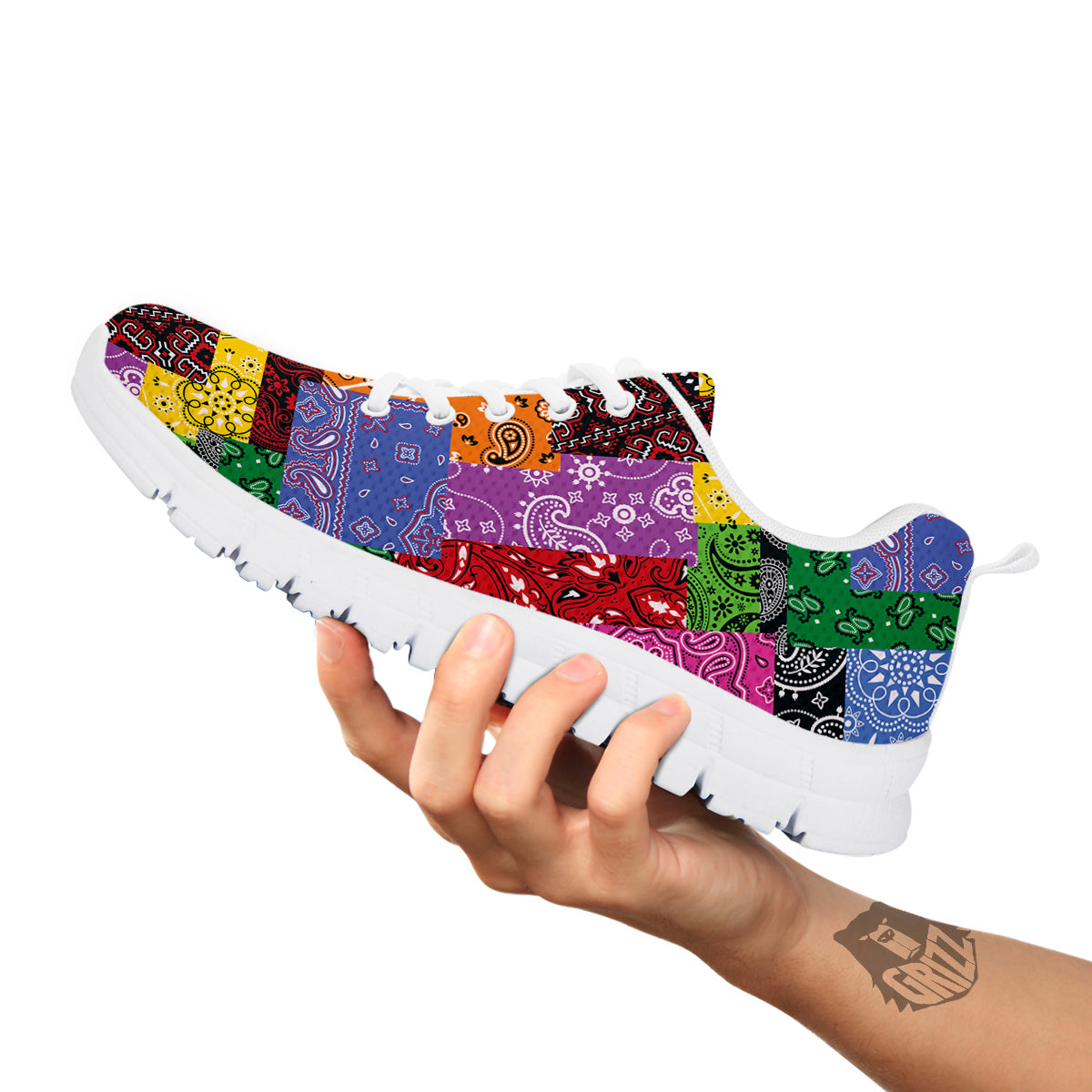 Colorful Patchwork Bandanna Print Pattern White Sneaker-grizzshop