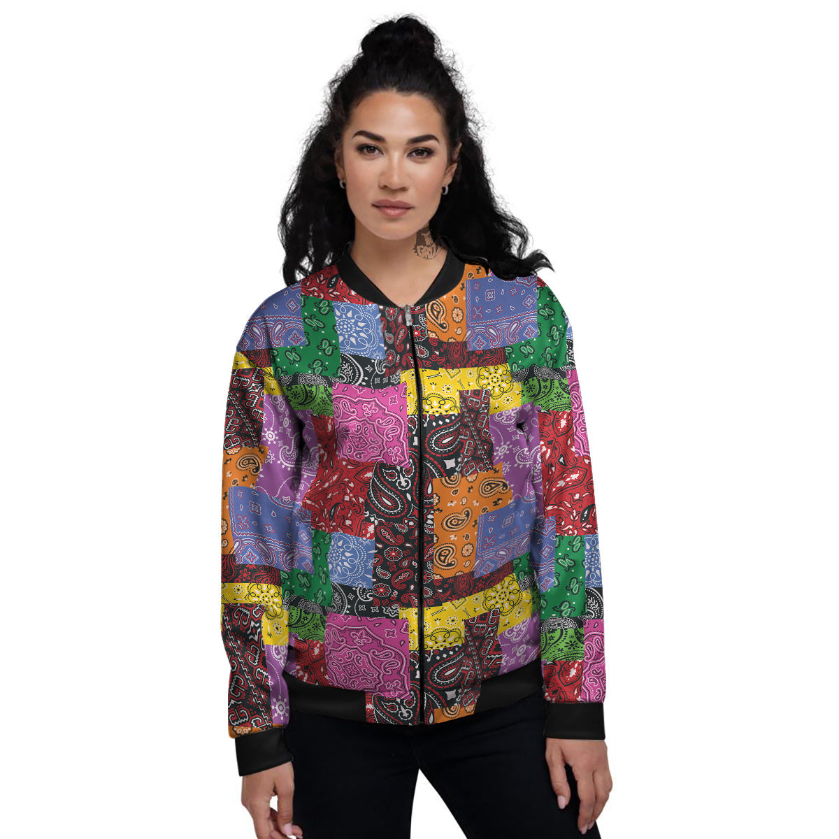 Colorful Patchwork Bandanna Print Pattern Women's Bomber Jacket-grizzshop