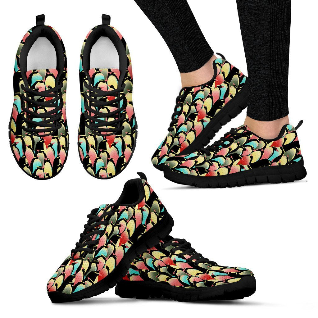 Colorful Penguin Pattern Print Black Sneaker Shoes For Men Women-grizzshop