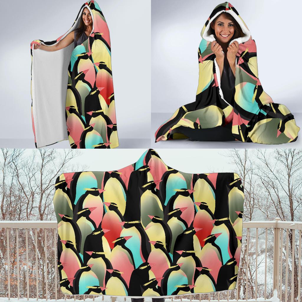 Colorful Penguin Pattern Print Hooded Blanket-grizzshop