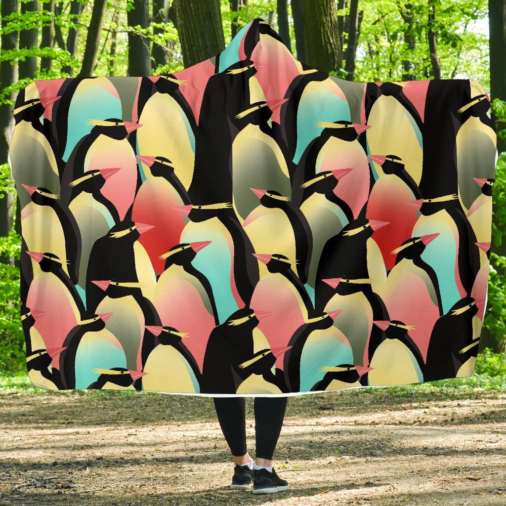 Colorful Penguin Pattern Print Hooded Blanket-grizzshop