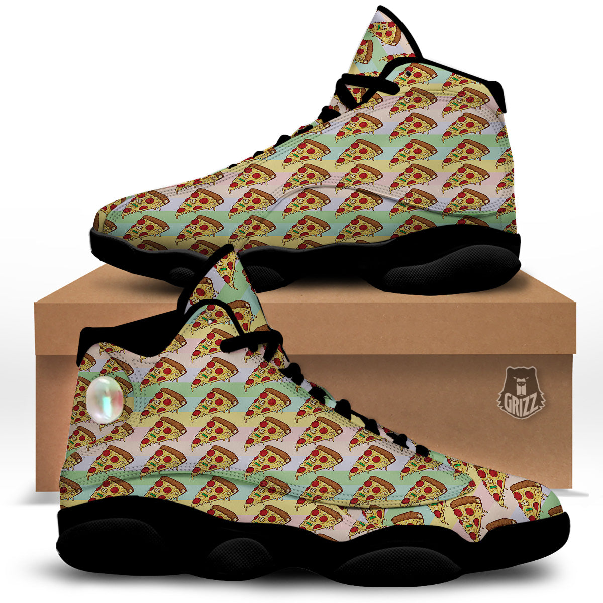 Colorful Pizza And Stiped Pastel Print Pattern Black Basketball Shoes-grizzshop