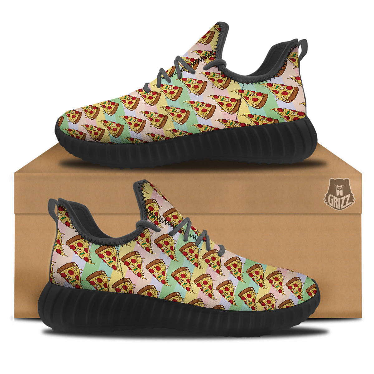 Colorful Pizza And Stiped Pastel Print Pattern Black Walking Shoes-grizzshop