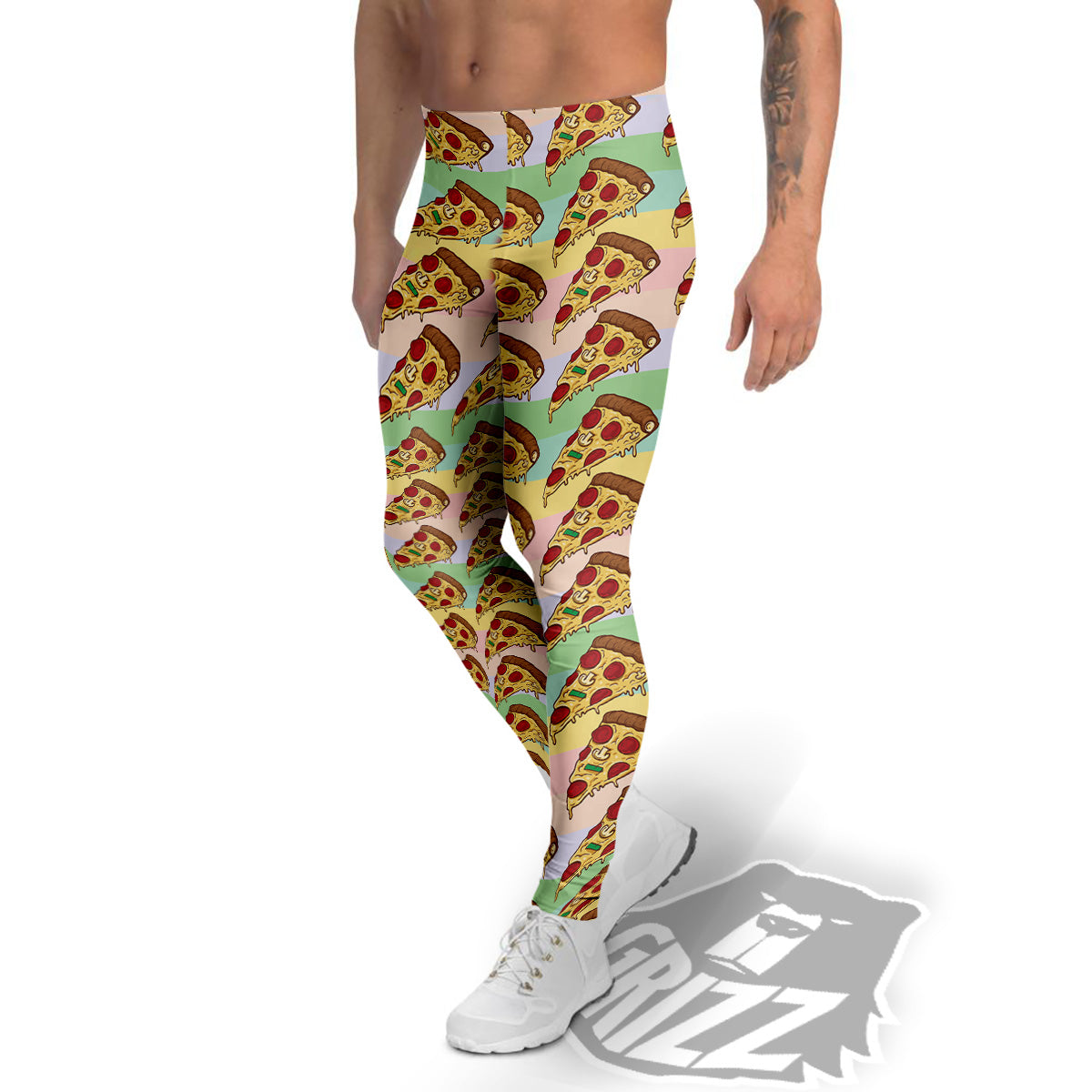 Colorful Pizza And Stiped Pastel Print Pattern Men's Leggings-grizzshop