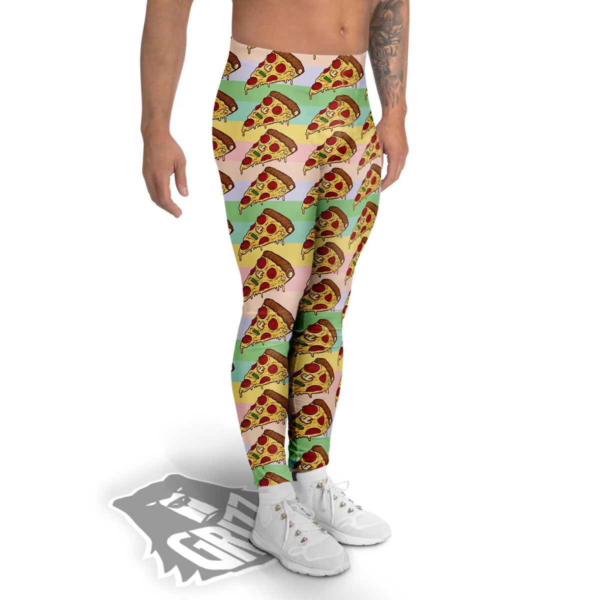 Colorful Pizza And Stiped Pastel Print Pattern Men's Leggings-grizzshop