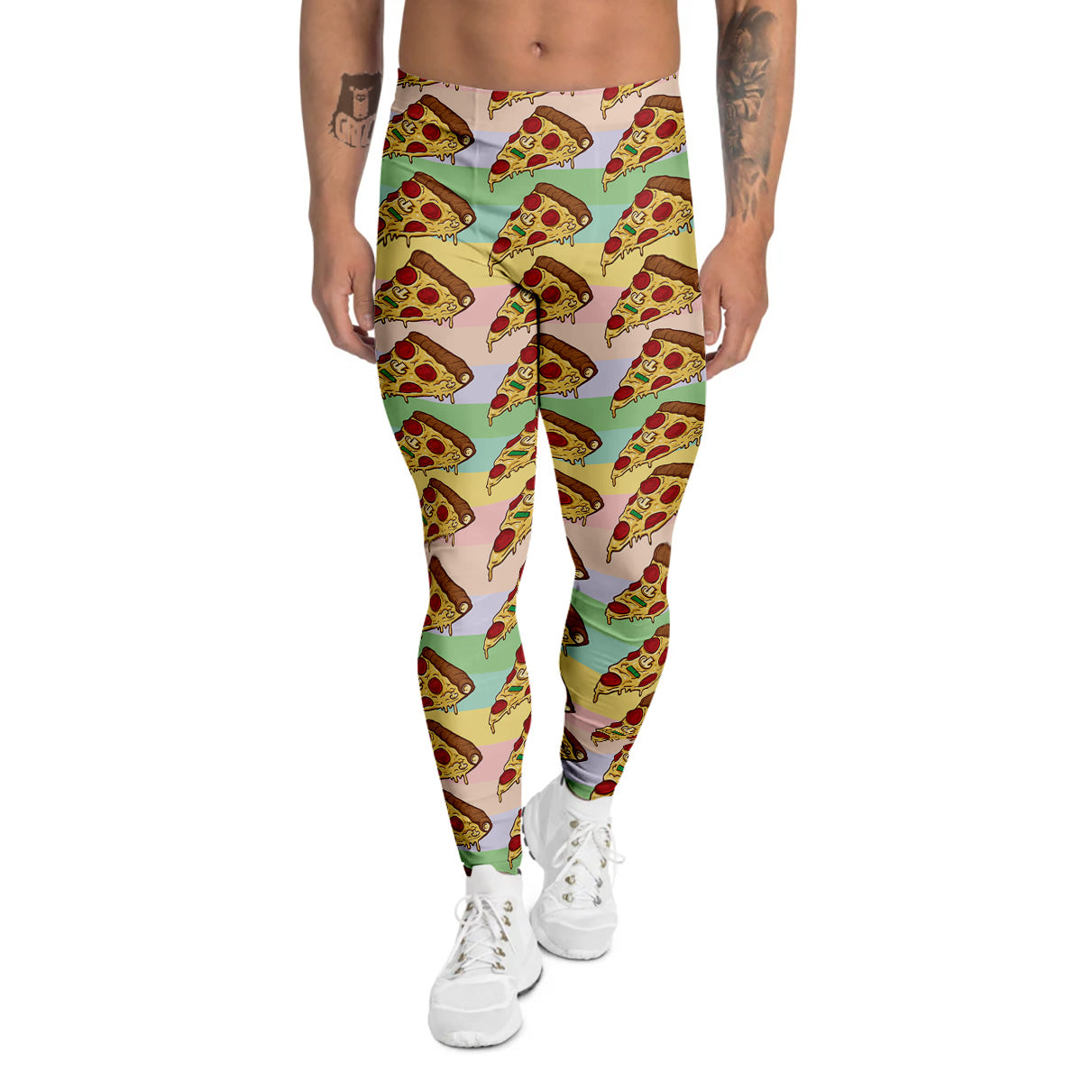 Colorful Pizza And Stiped Pastel Print Pattern Men's Leggings-grizzshop