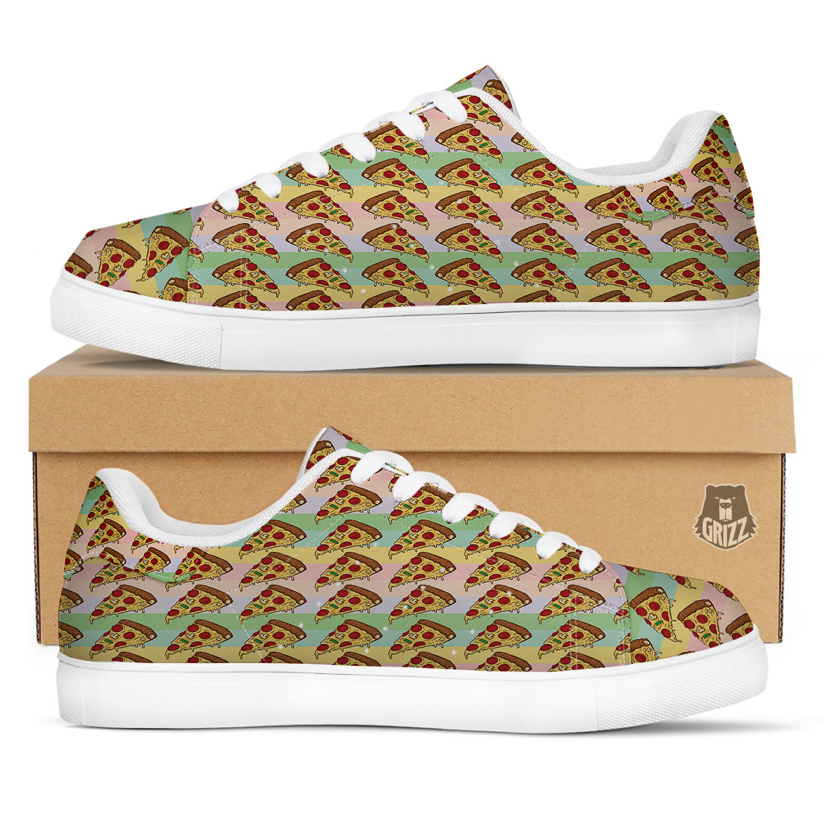 Colorful Pizza And Stiped Pastel Print Pattern White Low Top Sneakers-grizzshop