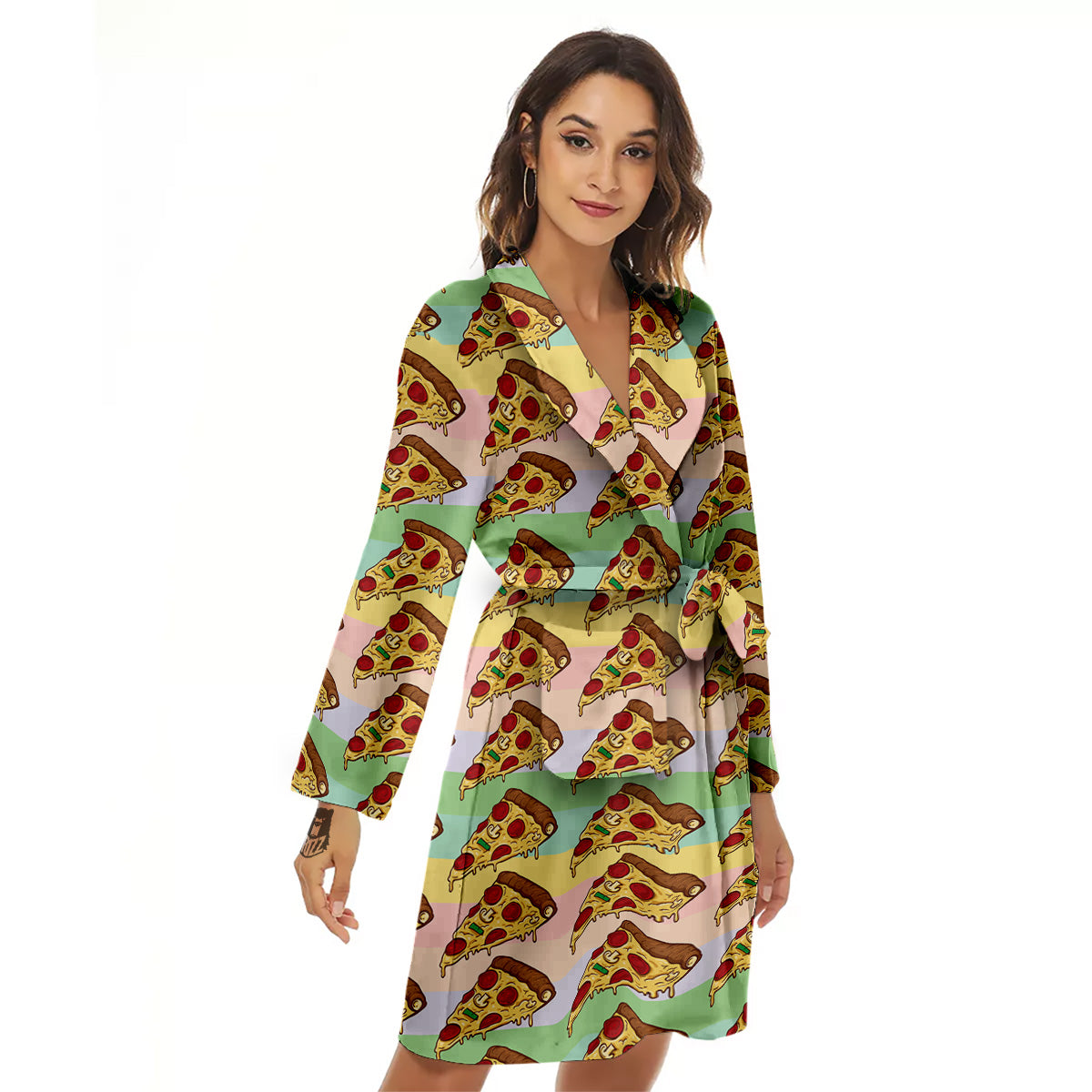 Colorful Pizza And Stiped Pastel Print Pattern Women's Robe-grizzshop