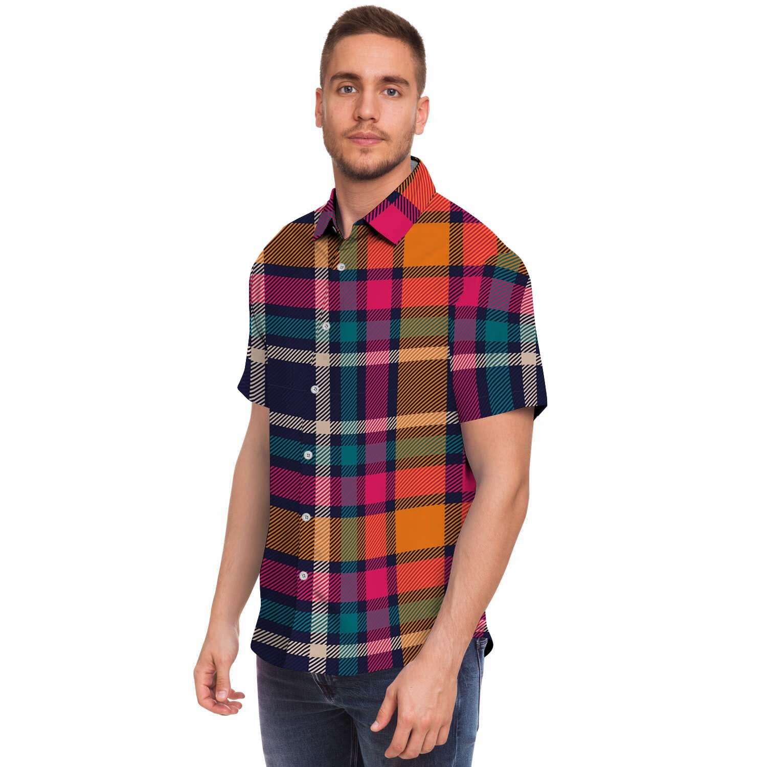 Colorful Plaid Tartan Men's Short Sleeve Shirt-grizzshop