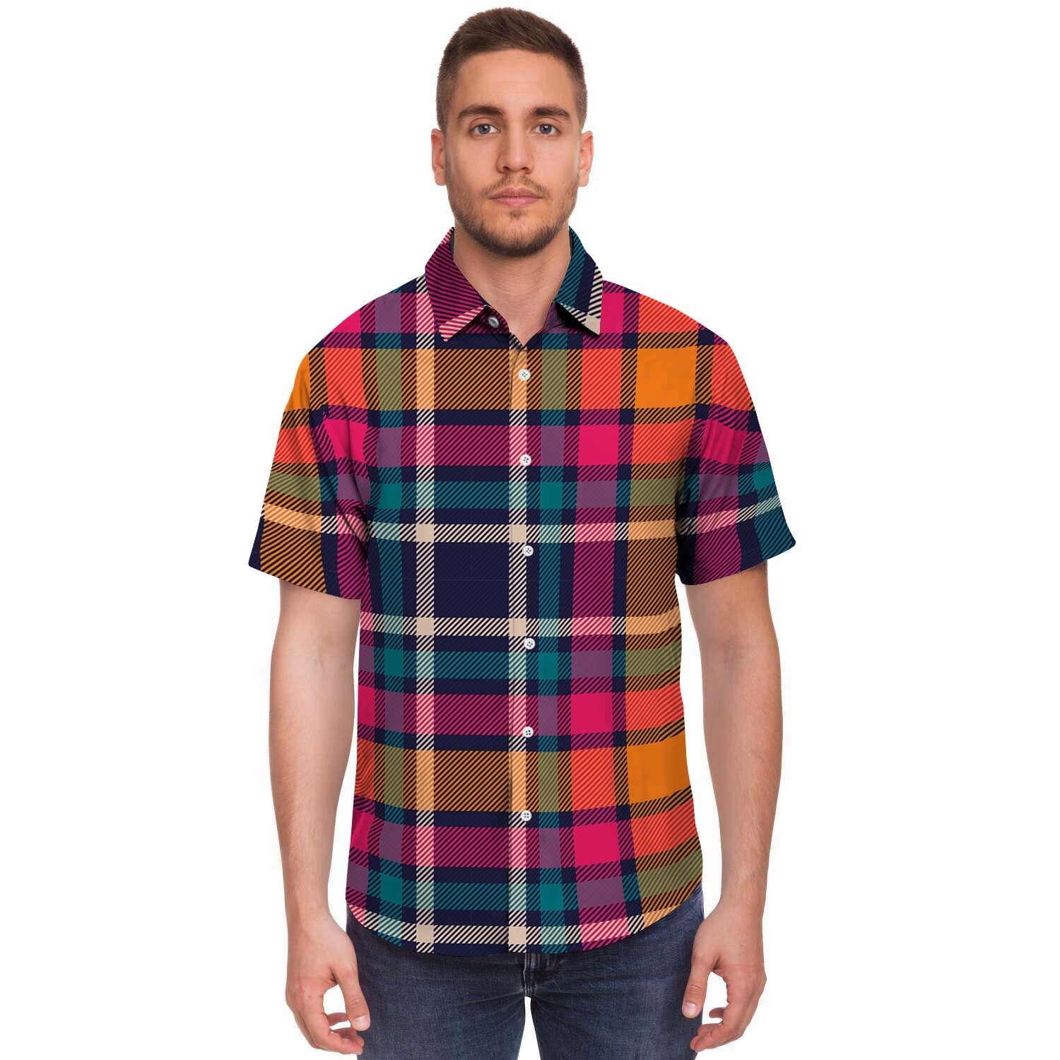 Colorful Plaid Tartan Men's Short Sleeve Shirt-grizzshop