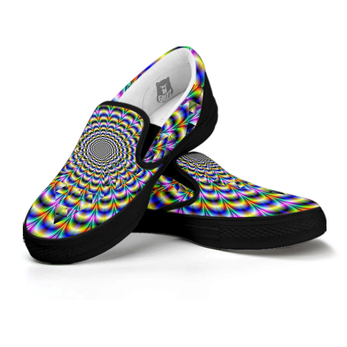 Colorful Psychedelic And Triangle Print Black Slip On Shoes-grizzshop